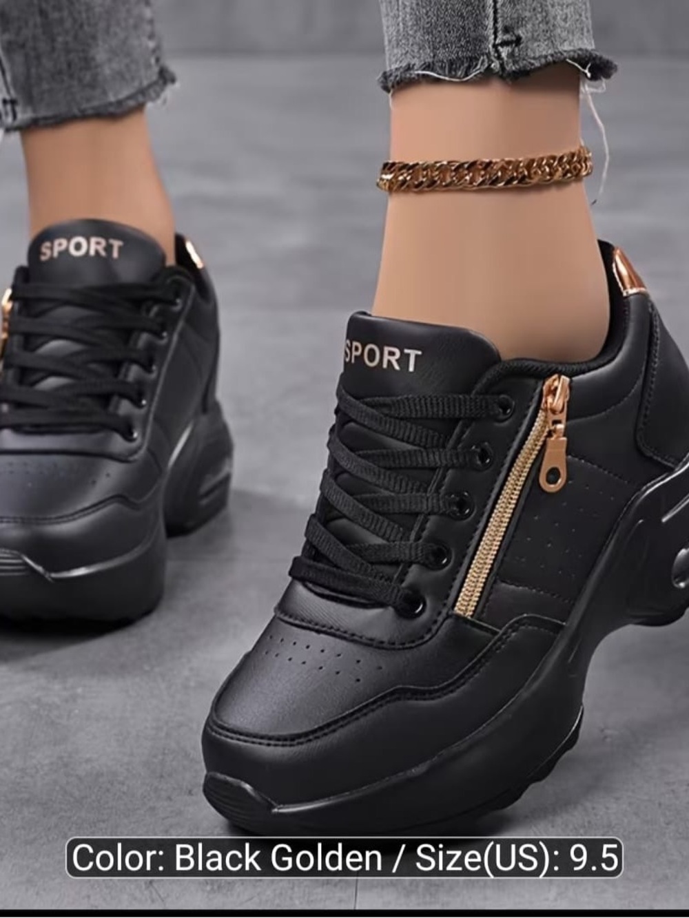 Black Platform Sneakers with Gold Zipper Accent